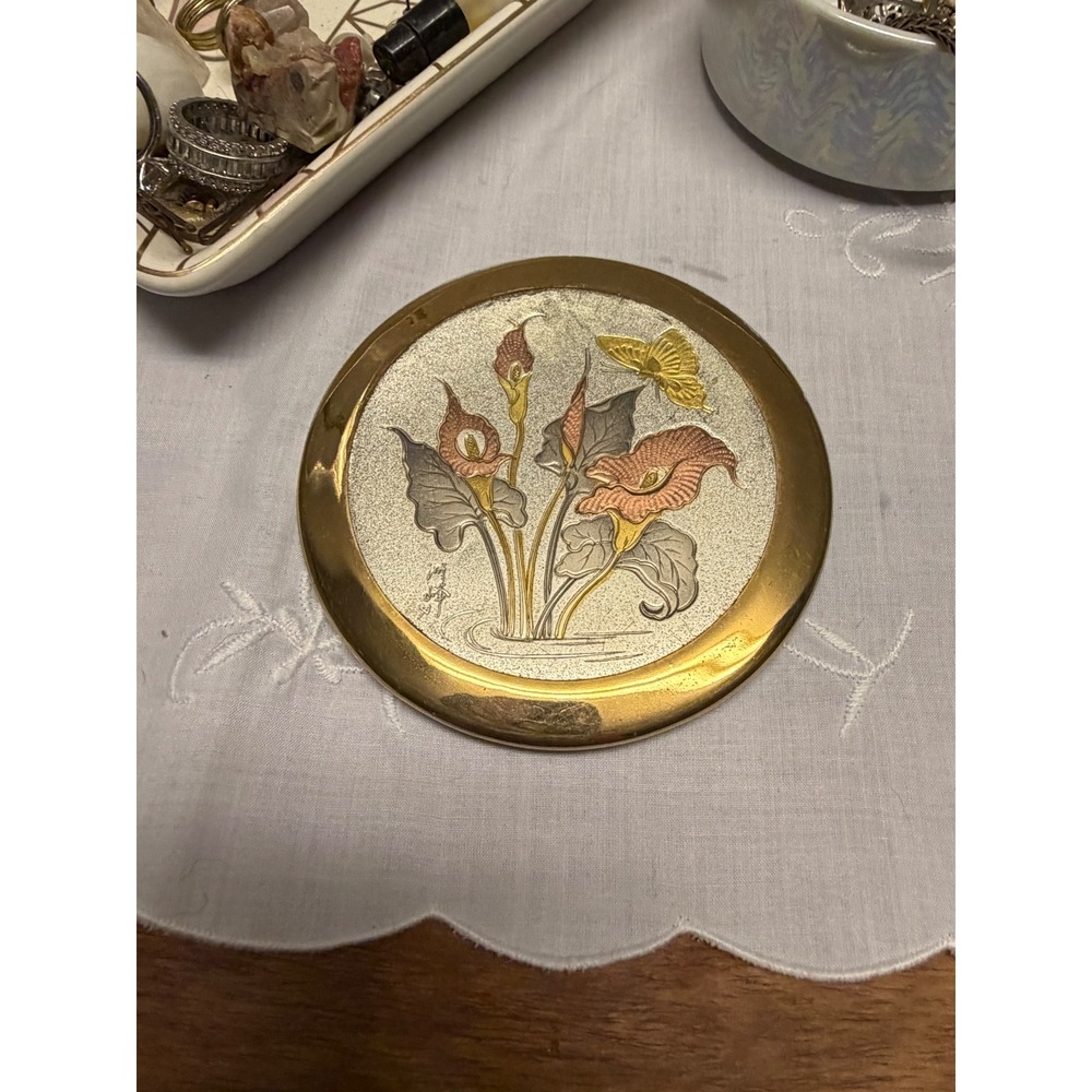 Vintage Chokin Art Ceramic Trinket Box Calla Lily Butterfly Luster Glaze Round - Picture 4 of 12